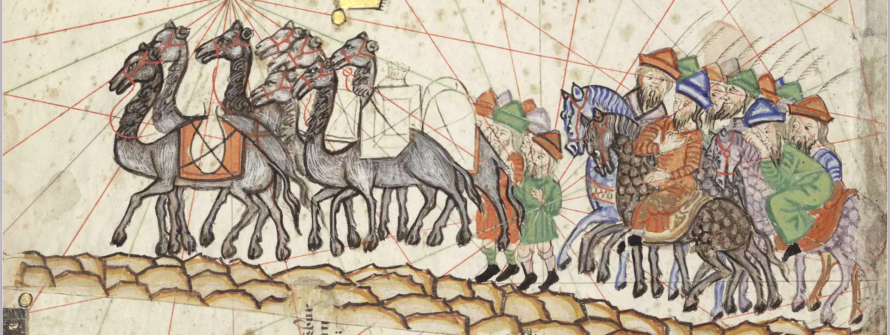 An illustrated detail from the Catalan Atlas (circa 1375) depicting Marco Polo’s caravan traveling - BNP Kutuphanesi