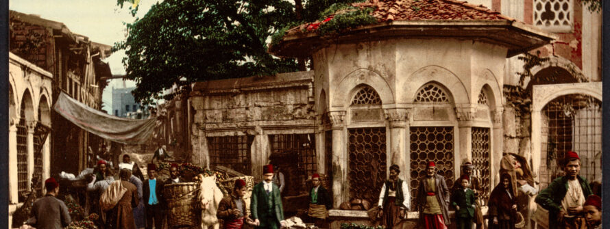 Photograph shows the Koca Sinan Pasha complex in Fatih, Istanbul which includes a sebil (fountain) and the tomb of Ottoman architect Sinan 1890-1900 ABD Kongre Kutuphanesi