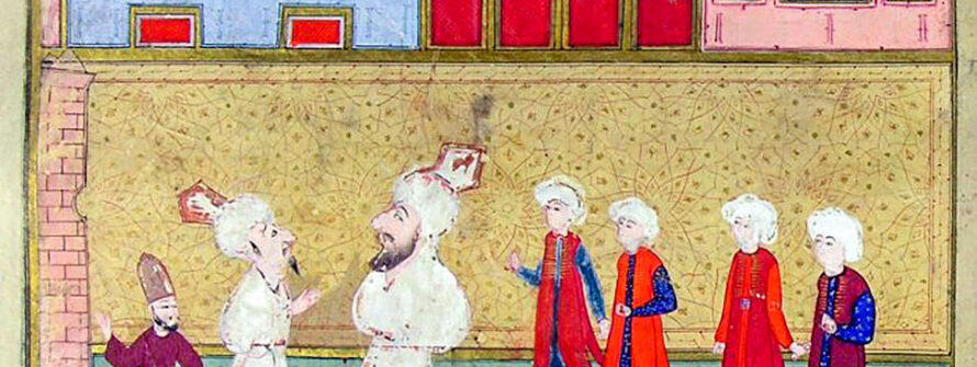 Sultan 3. Murad’ın oğlu Şehzade Mehmed’in 1582’de Sultanahmet Meydanı’nda 52 gün süren sünnet düğünü şenliklerinde Karagöz-Hacivat maskeli sanatçılar. (Seyyid Lokman, Hünername, TSMK. H. 1344)